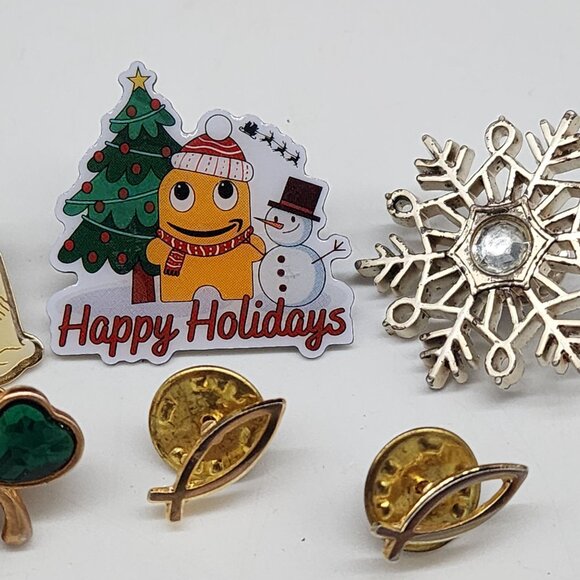 Set Of 6 Assorted Holiday & Seasonal Lapel Pins Snowflake Shamrock Snowman Tree - Picture 3 of 5